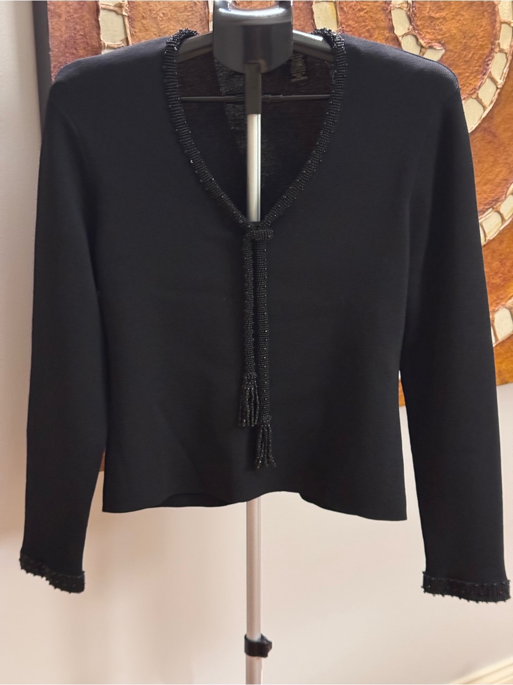 Dana Buchman Black Knit Sweater - Beaded Tassel Tie, Neckline, & Cuffs - Size L